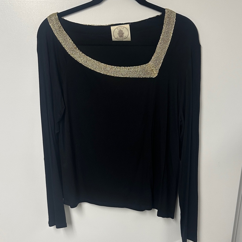 Black Long-Sleeve Scoop Neck Top with Gold Beaded Trim